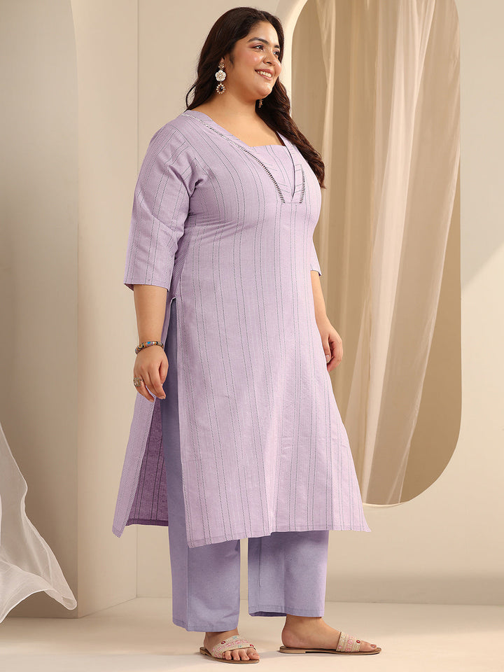Plus Size Lavender Woven Design Cotton Blend Straight Suit Set With Dupatta