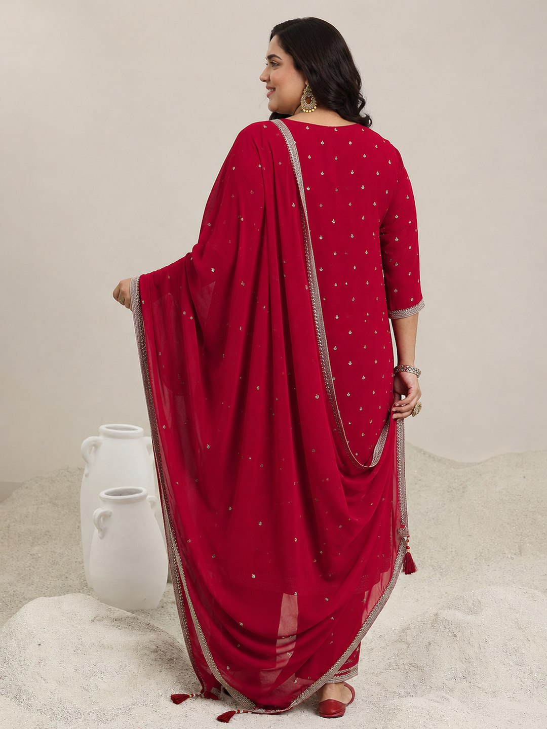 Plus Size Red Embroidered Georgette Straight Suit Set