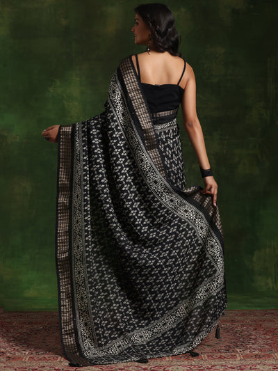 Black Printed Silk Blend Saree With Unstitched Blouse Piece
