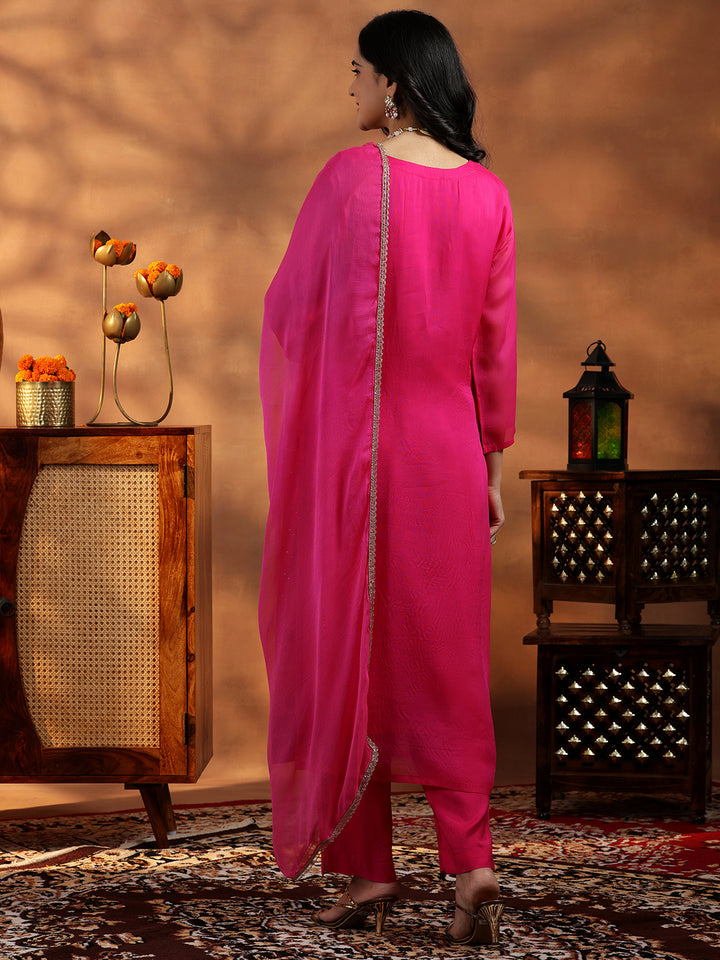Pink Embroidered Organza Straight Suit With Dupatta