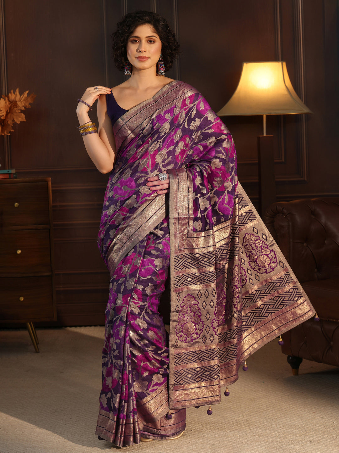 Libas Purple Floral Woven Design Silk Blend Saree