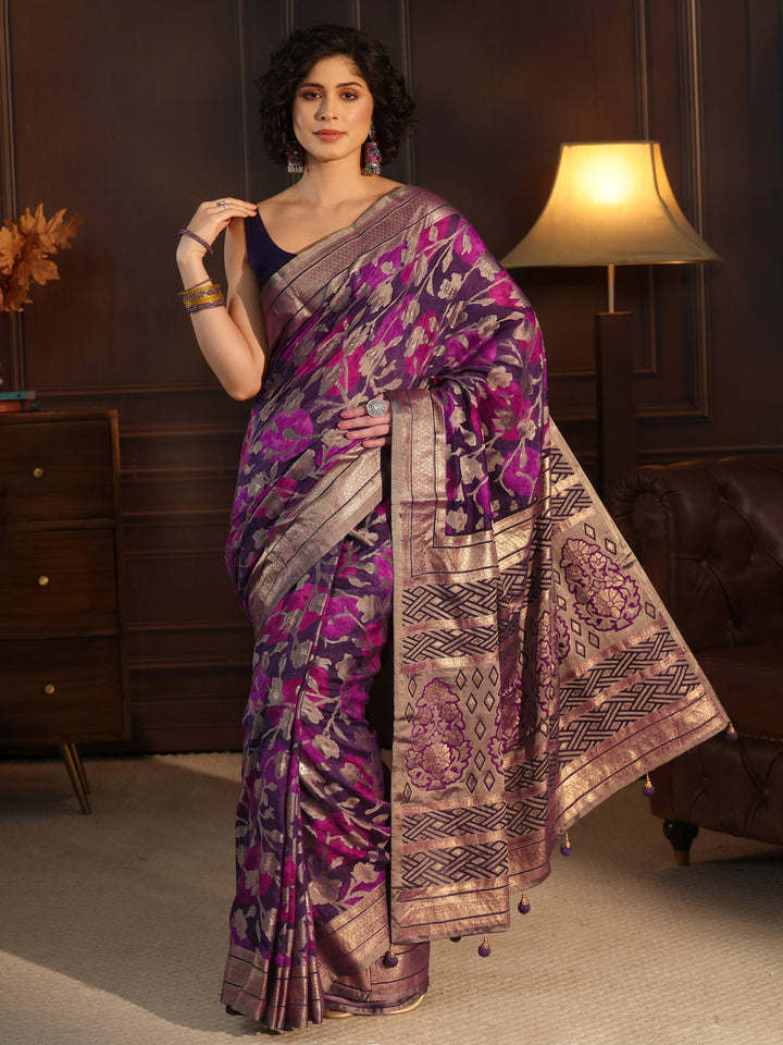 Libas Purple Floral Woven Design Silk Blend Saree