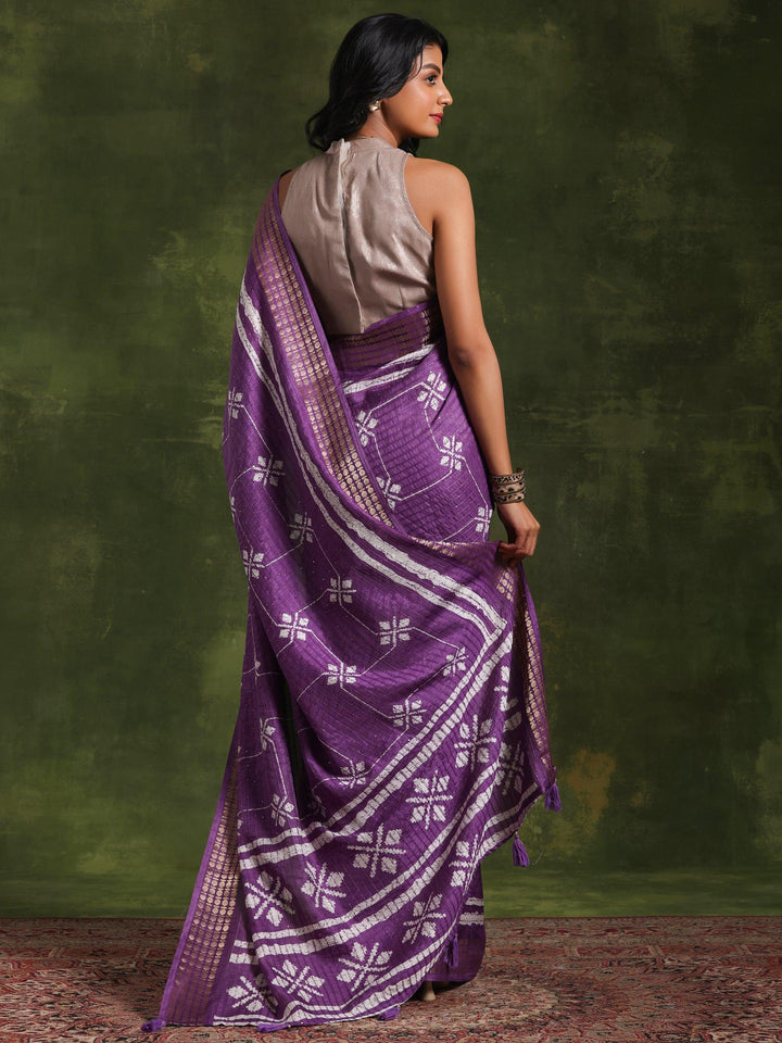 Lavender Printed Silk Blend Saree With Unstitched Blouse Piece - Libas