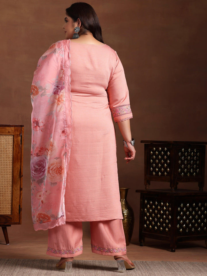 Plus Size Peach Yoke Design Silk Blend Straight Suit With Dupatta
