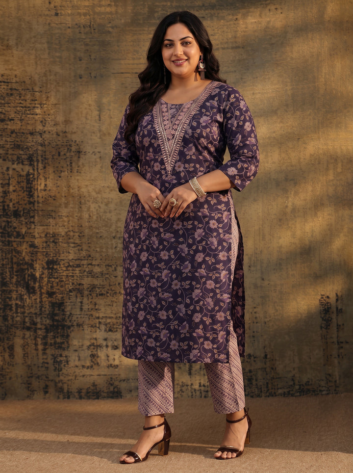 Plus Size Purple Floral Printed Cotton Straight Suit Set