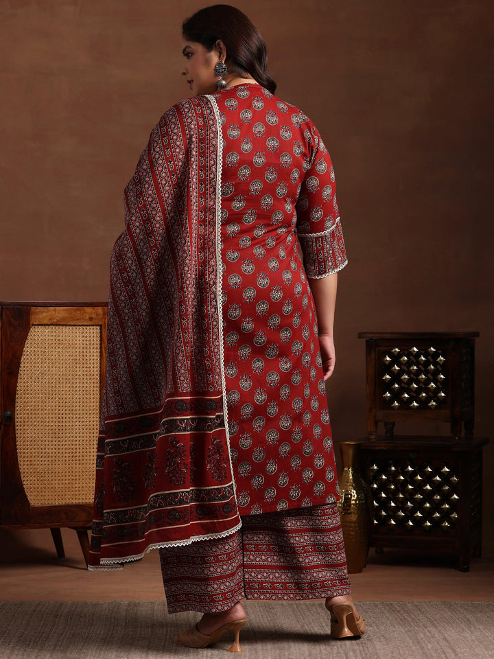 Plus Size Maroon Printed Cotton Straight Suit With Dupatta