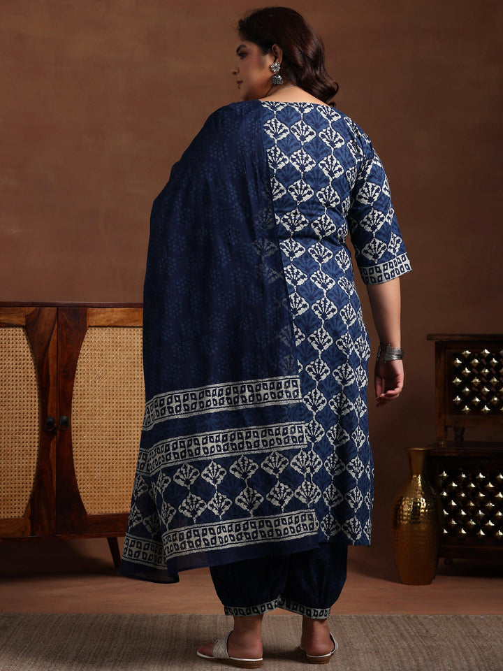 Plus Size Blue Printed Cotton Straight Suit With Dupatta