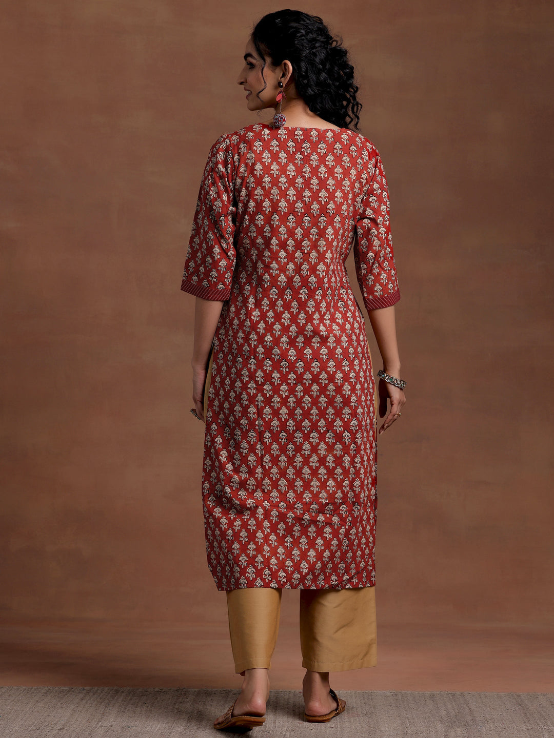 Maroon Printed Cotton Straight Kurta