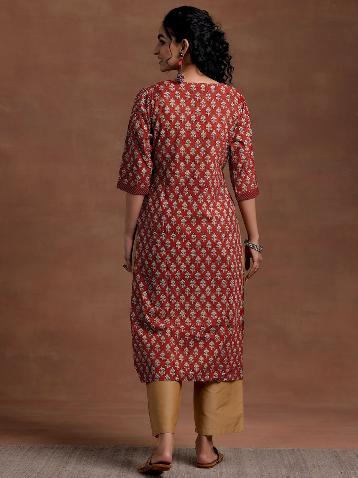 Maroon Printed Cotton Straight Kurta