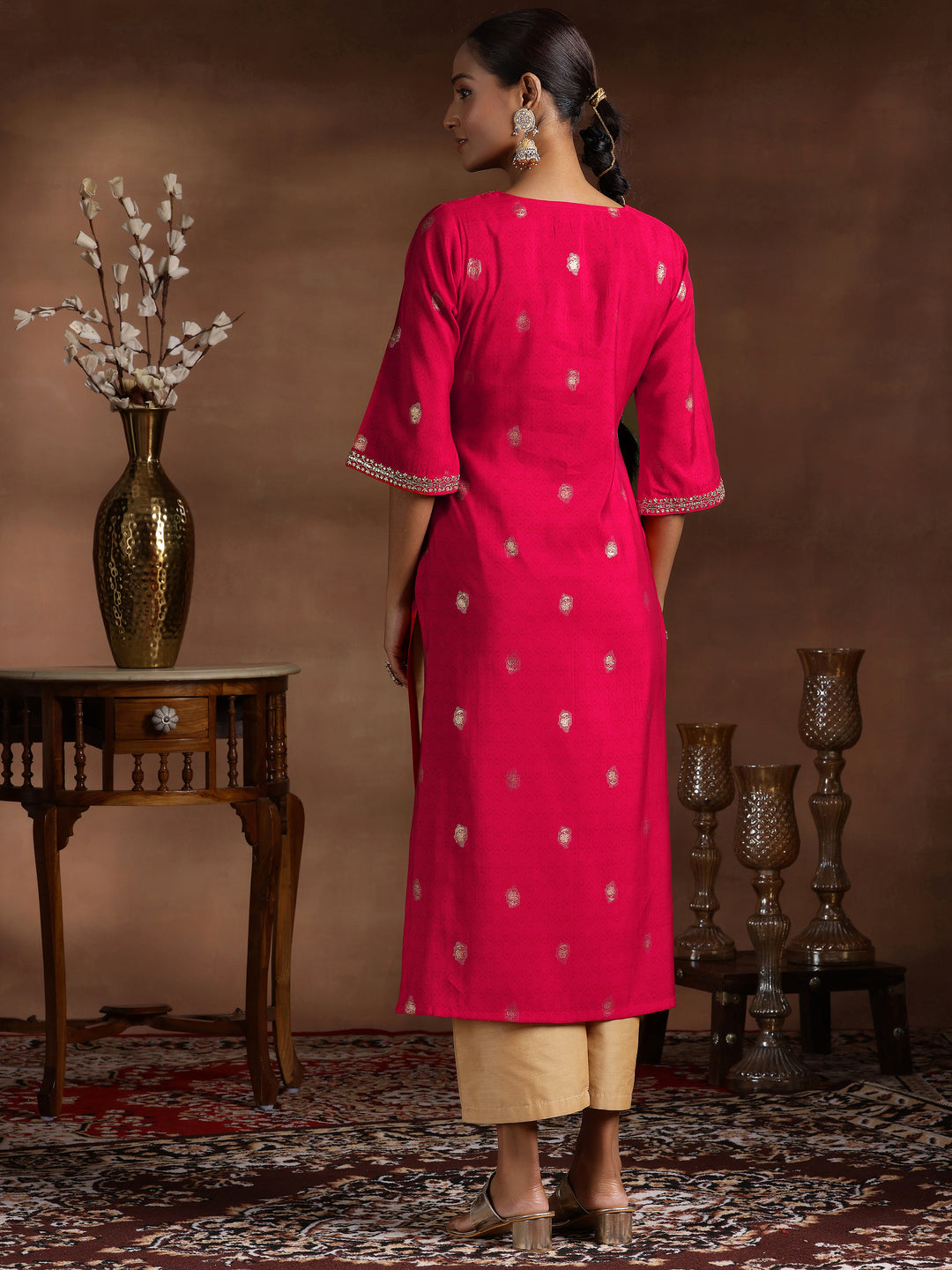 Red Printed Silk Straight Kurta
