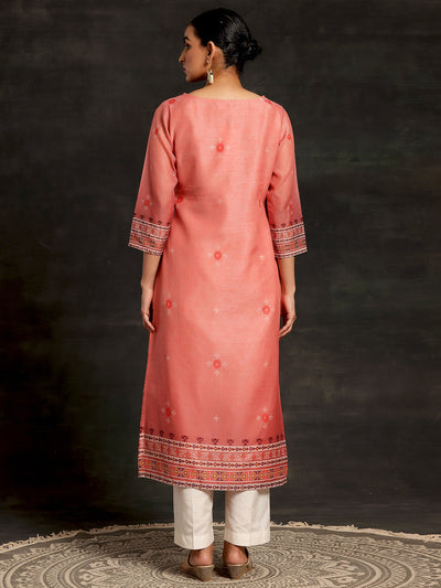 Pink Embellished Chanderi Silk Straight Kurta