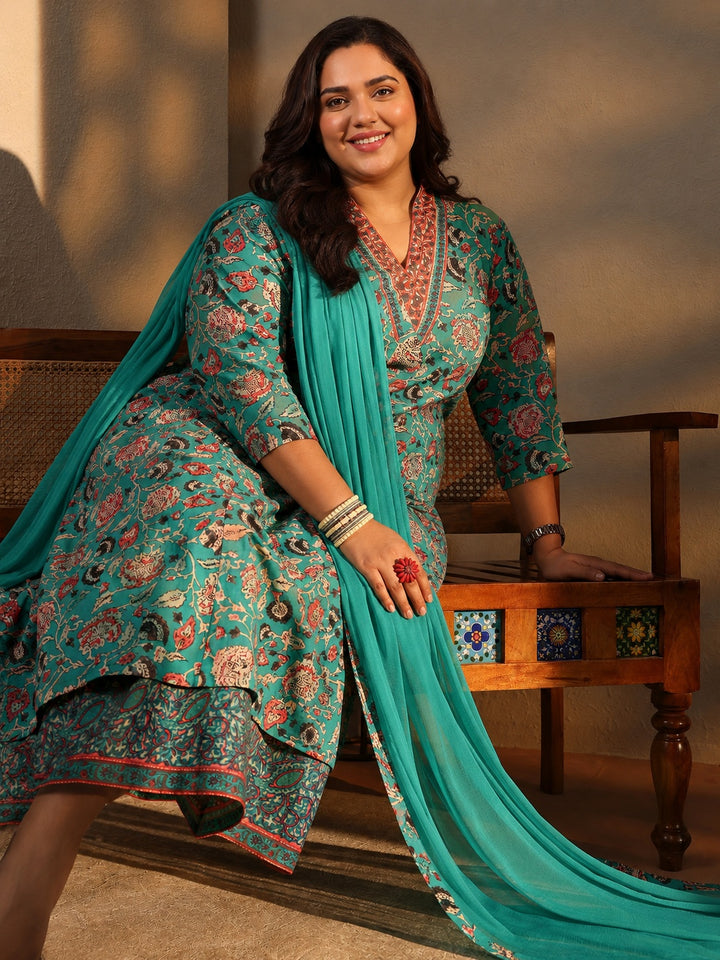 Plus Size Blue Floral Printed Cotton Blend A-line Suit Set