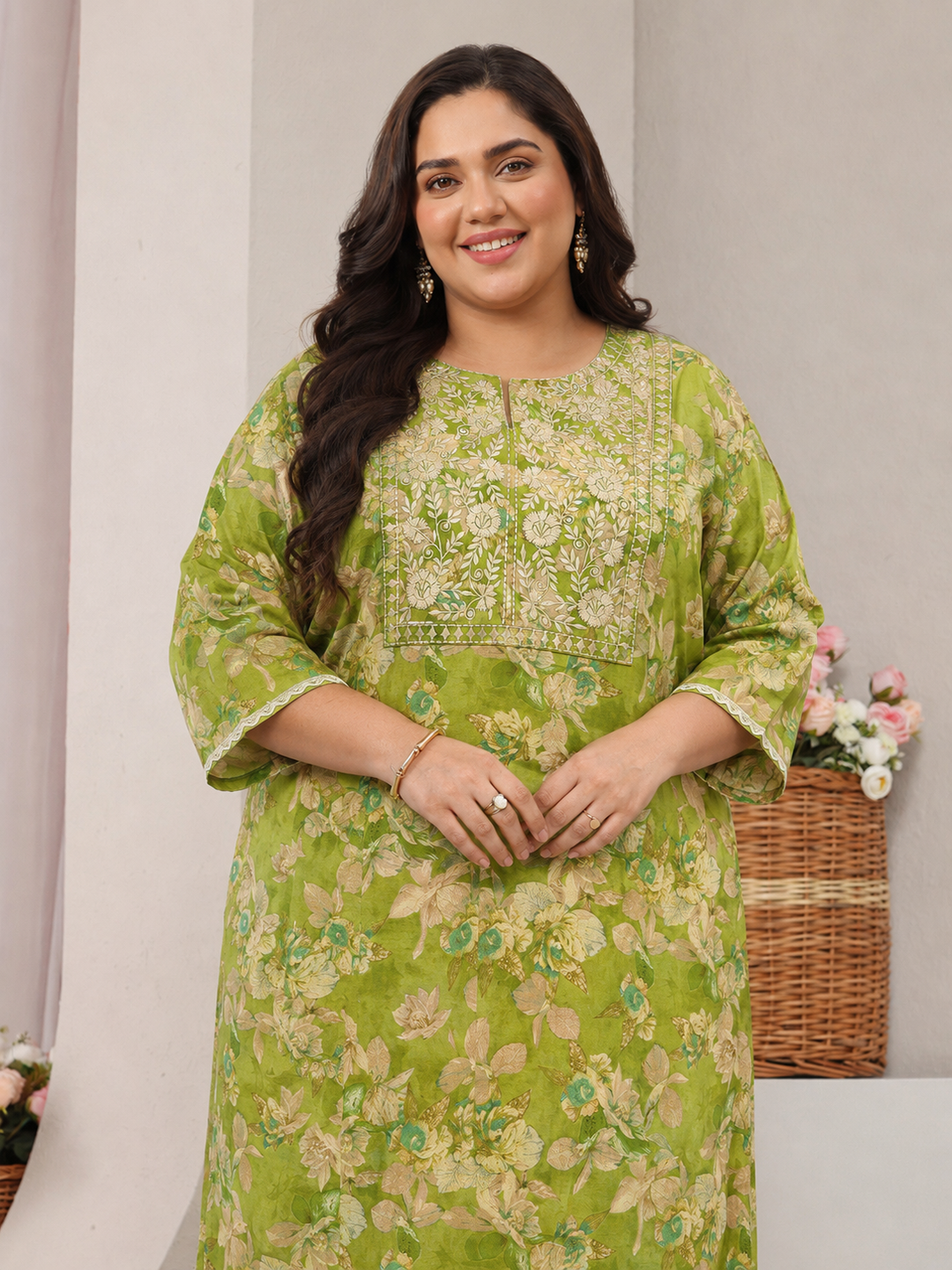 Plus Size Green Floral Printed Silk Blend Straight Kurta