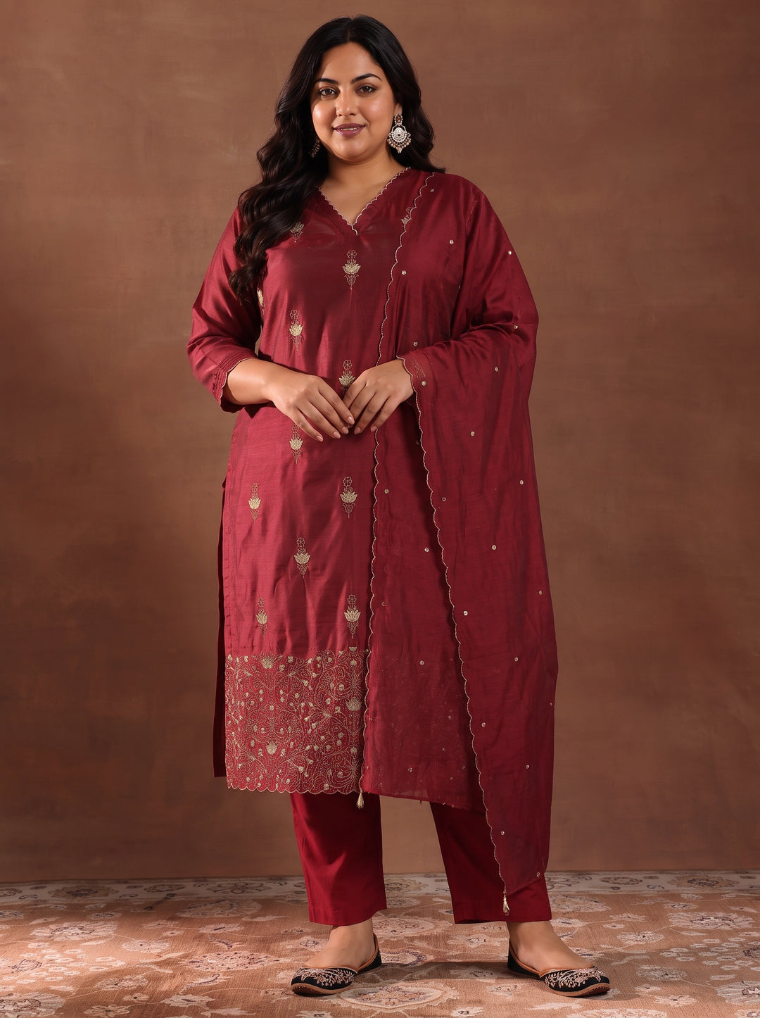 Plus Size Maroon Floral Embroidered Silk Blend Straight Suit Set