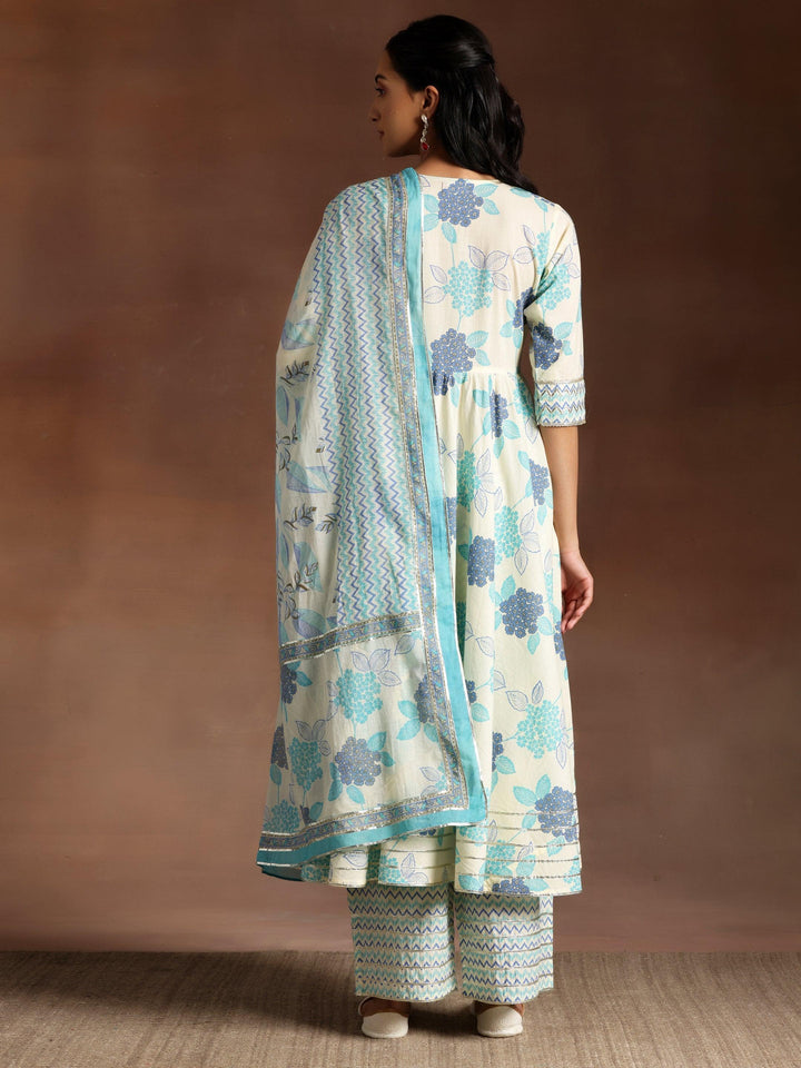 Paavni Turquoise Printed Cotton Anarkali Kurta With Palazzos & Dupatta - ShopLibas