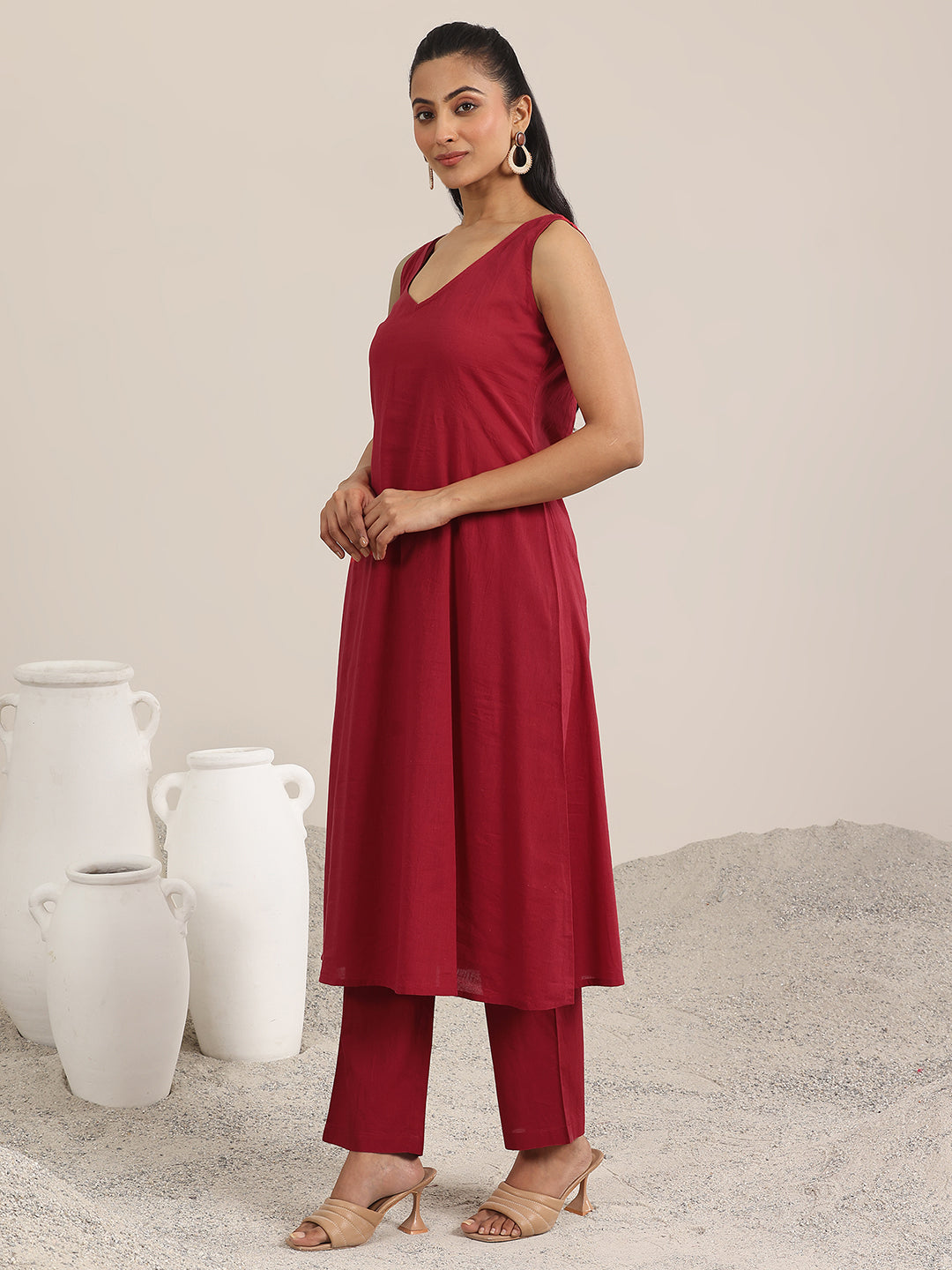 Maroon Printed Chiffon A-line Kurta Set