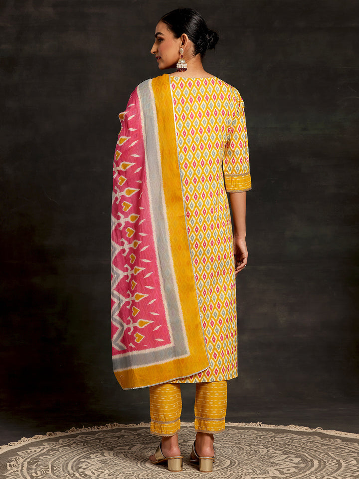 Mustard Printed Cotton Straight Suit With Dupatta