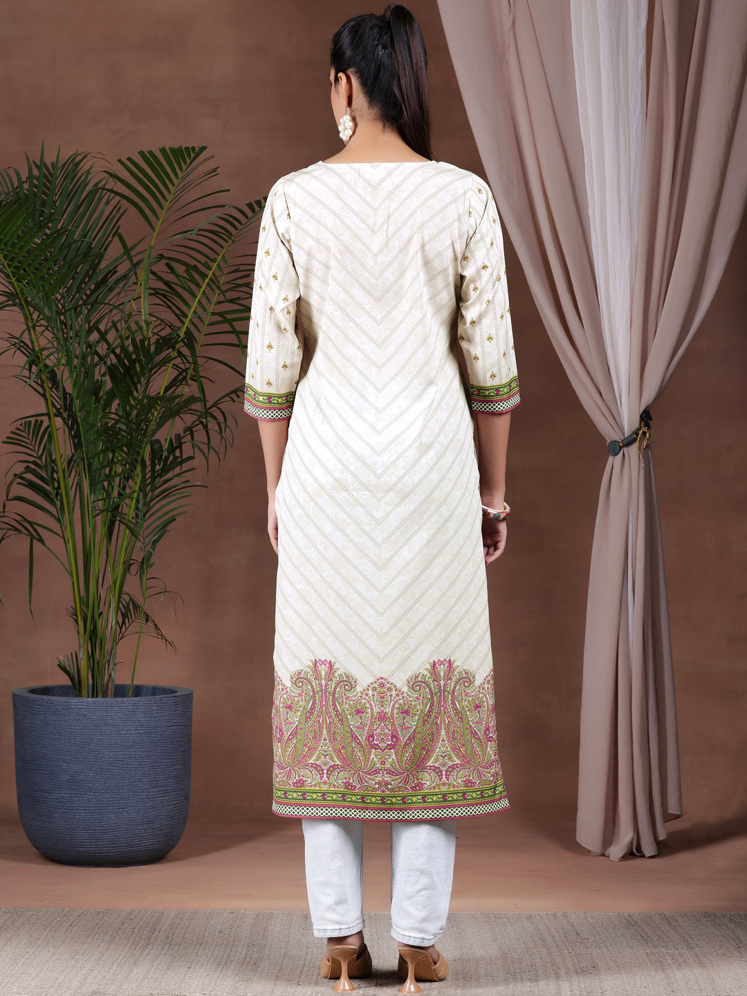 Beige Printed Crepe Straight Kurta