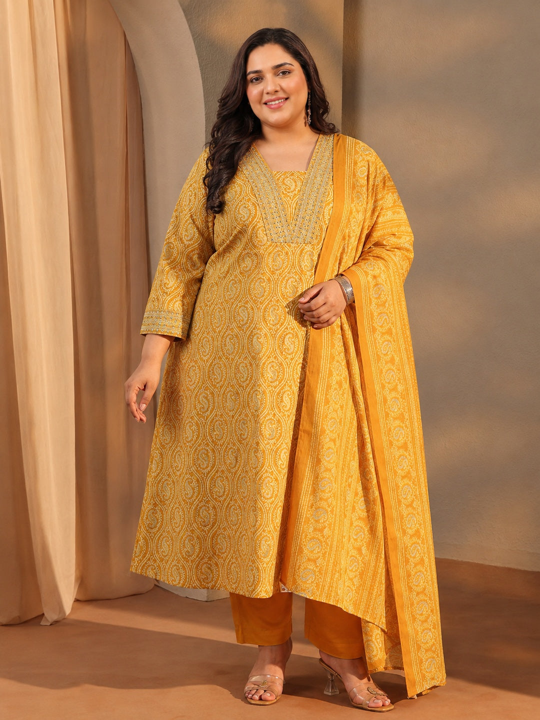 Plus Size Mustard Paisley Printed Cotton Blend Anarkali Suit Set
