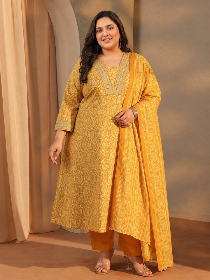 Plus Size Mustard Paisley Printed Cotton Blend Anarkali Suit Set