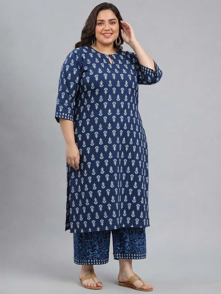 Plus Size Blue Floral Printed Cotton Straight Suit Set