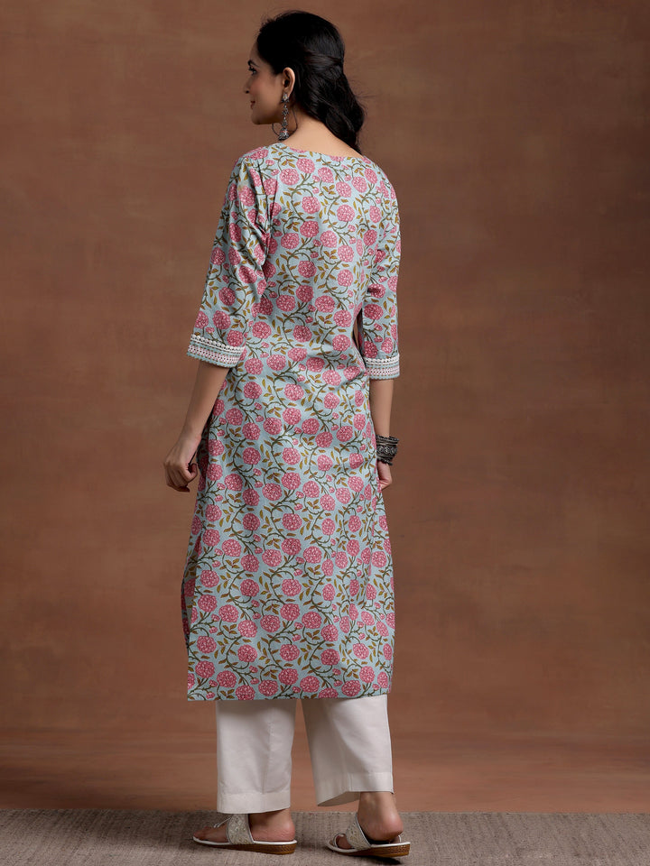 Blue Printed Cotton Straight Kurta