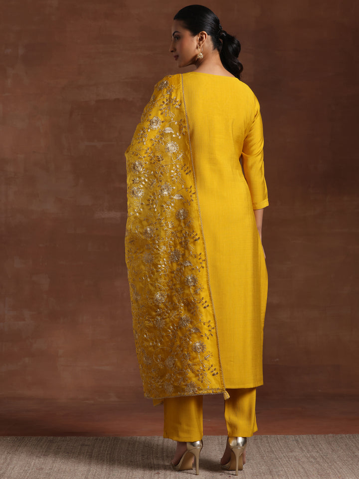 Mustard Embroidered Silk Blend  Straight Suit Set With Dupatta