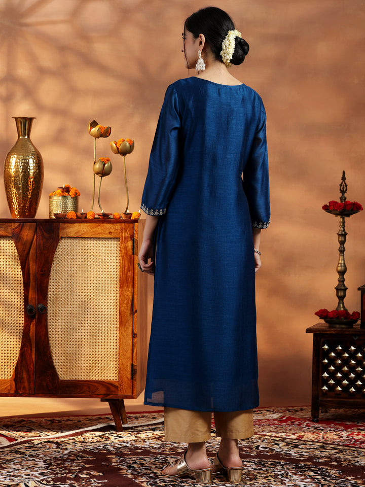 Blue Embroidered Silk Straight Kurta
