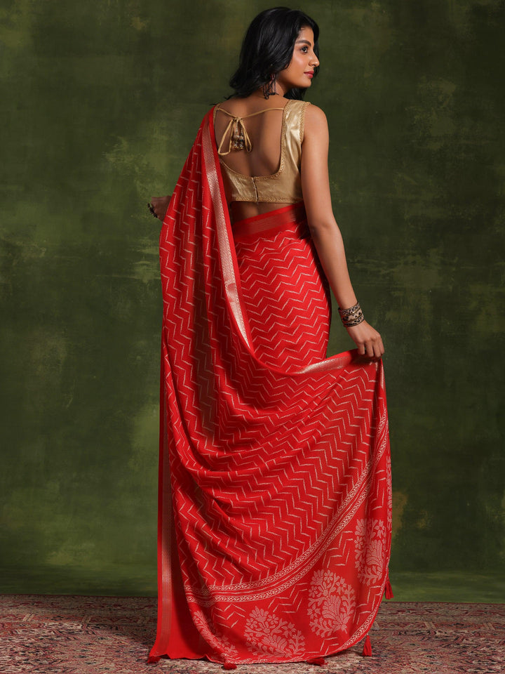 Red Printed Silk Blend Saree With Unstitched Blouse Piece - Libas