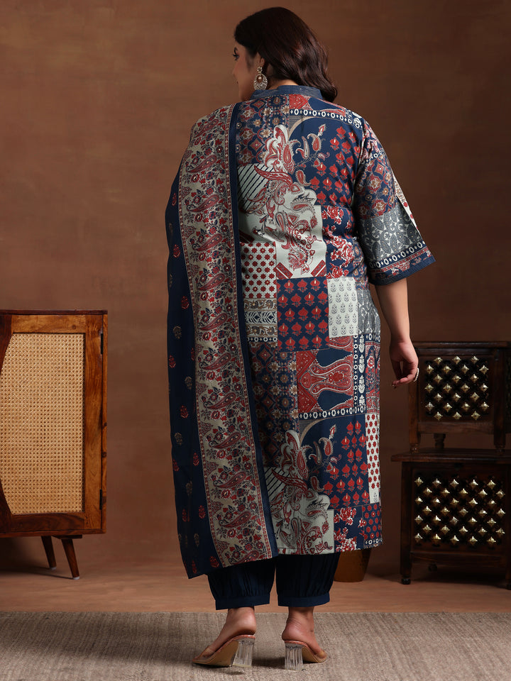 Plus Size Blue Printed Silk Blend Straight Suit With Dupatta