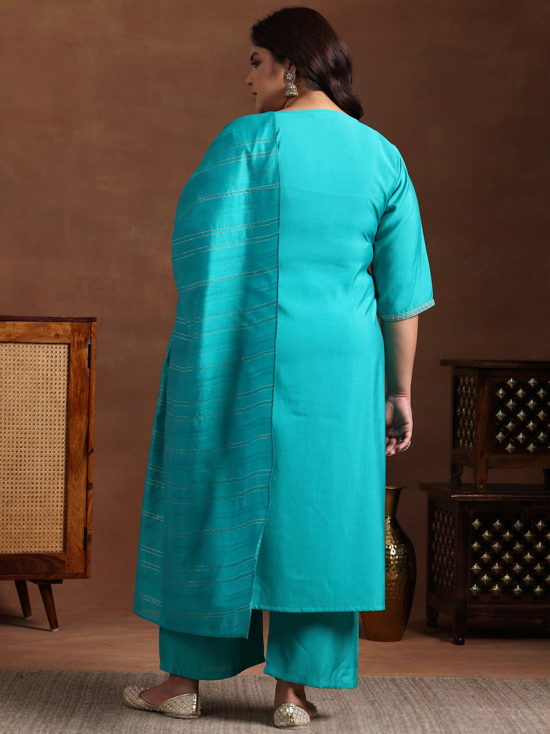 Plus Size Green Yoke Design Silk Blend Straight Suit With Dupatta