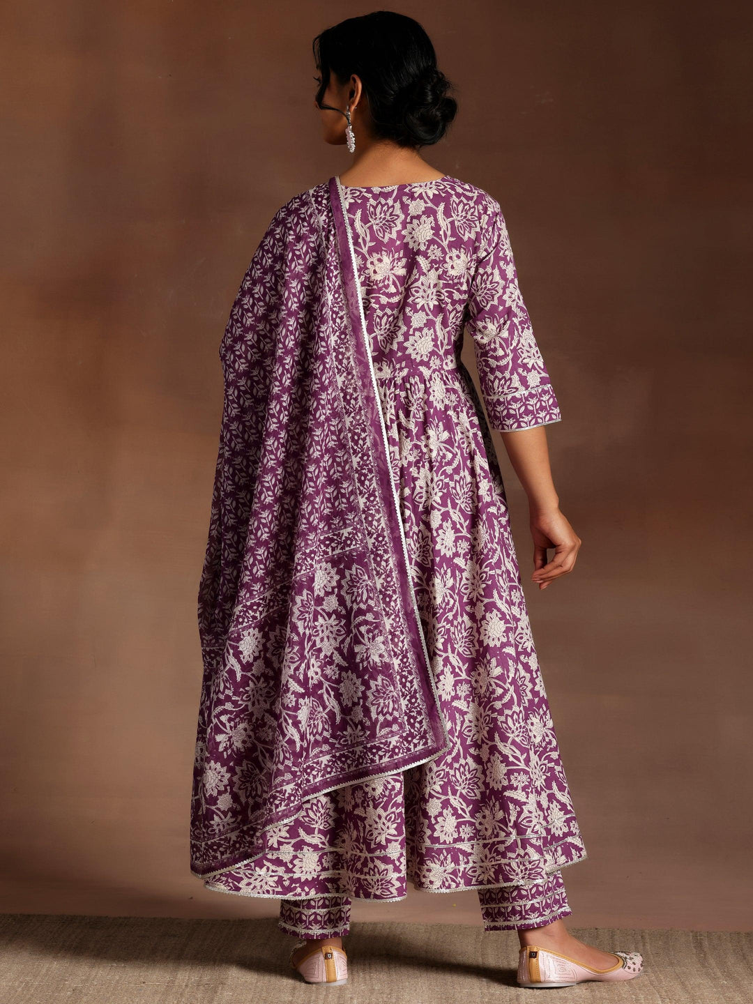 Nalini Purple Printed Cotton Anarkali Kurta With Trousers & Dupatta - ShopLibas 