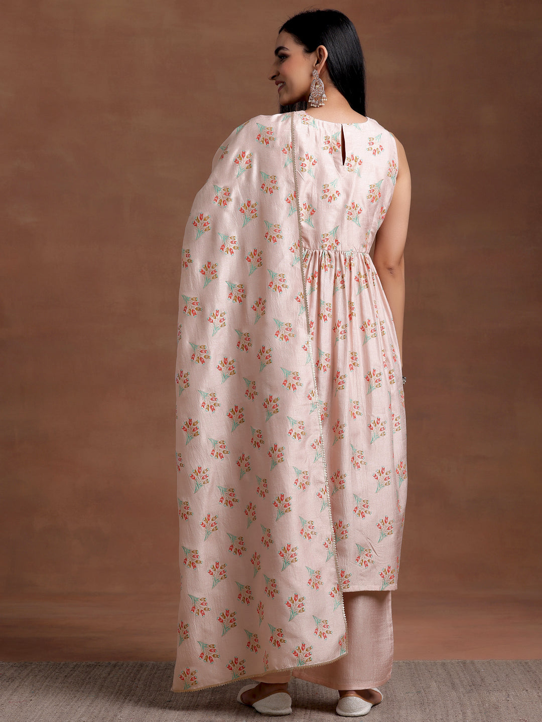 Powder Pink Printed Silk Blend A-Line Kurta With Palazzos & Dupatta