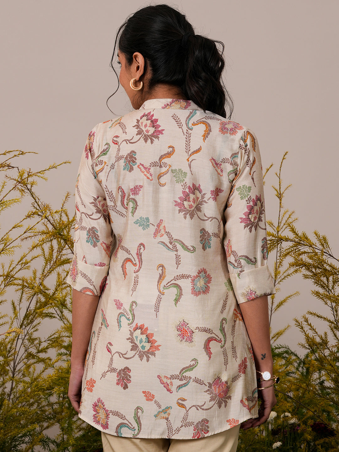Beige Printed Silk Blend A-Line Kurti