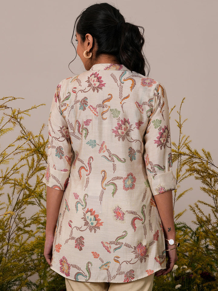 Beige Printed Silk Blend A-Line Kurti