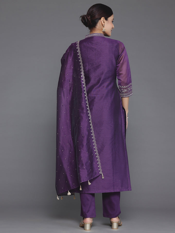 Wine Embroidered Chanderi Silk Straight Suit With Dupatta