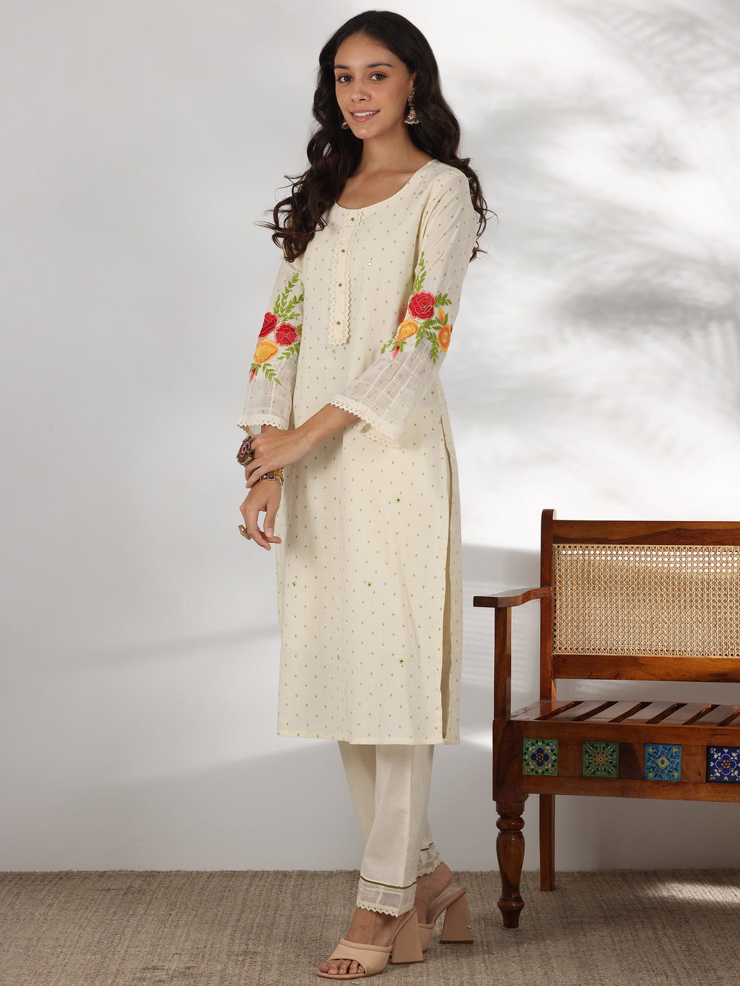Off white Printed Cotton Straight Suit With Dupatta