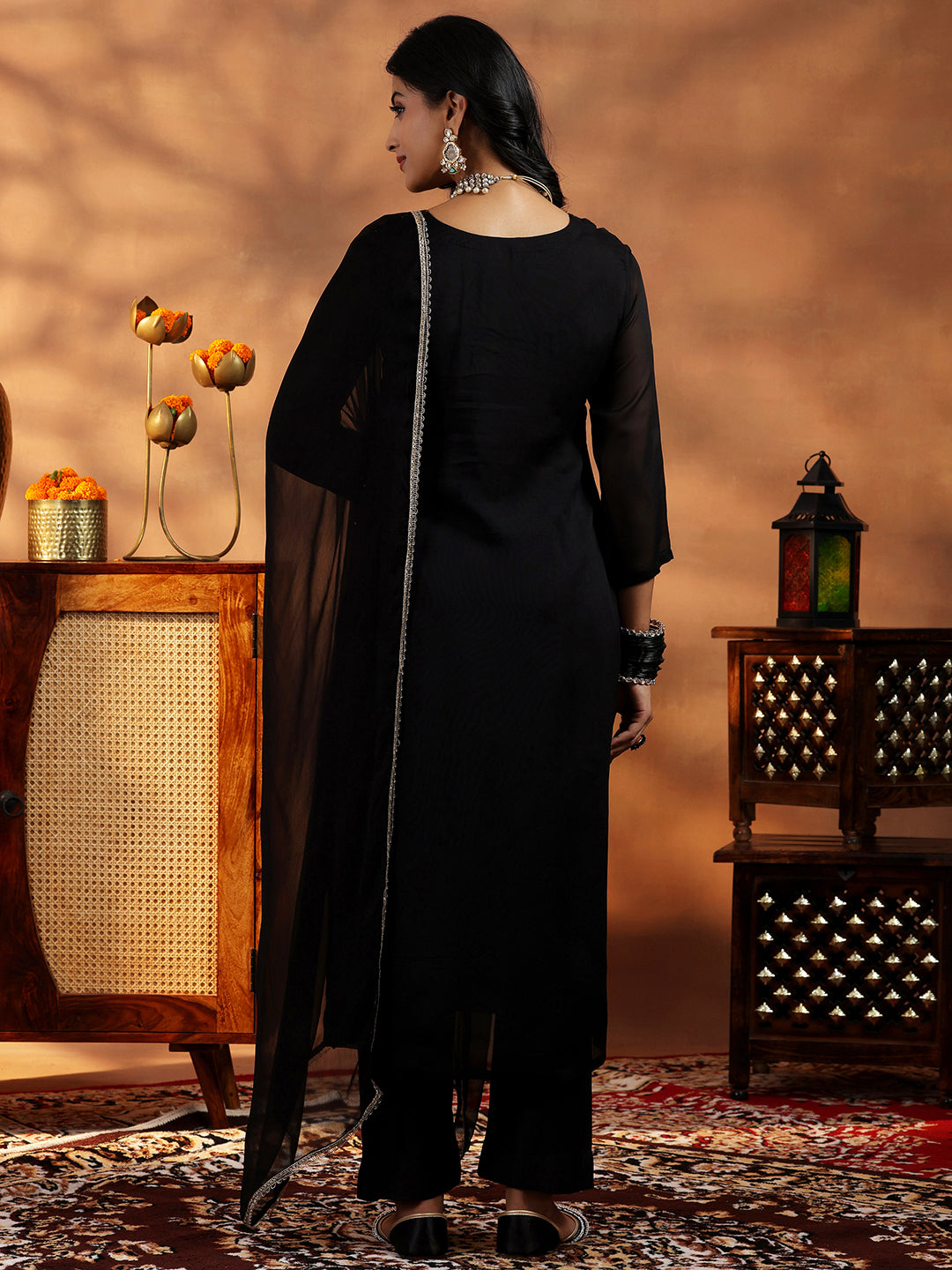 Black Embroidered Organza Straight Suit With Dupatta