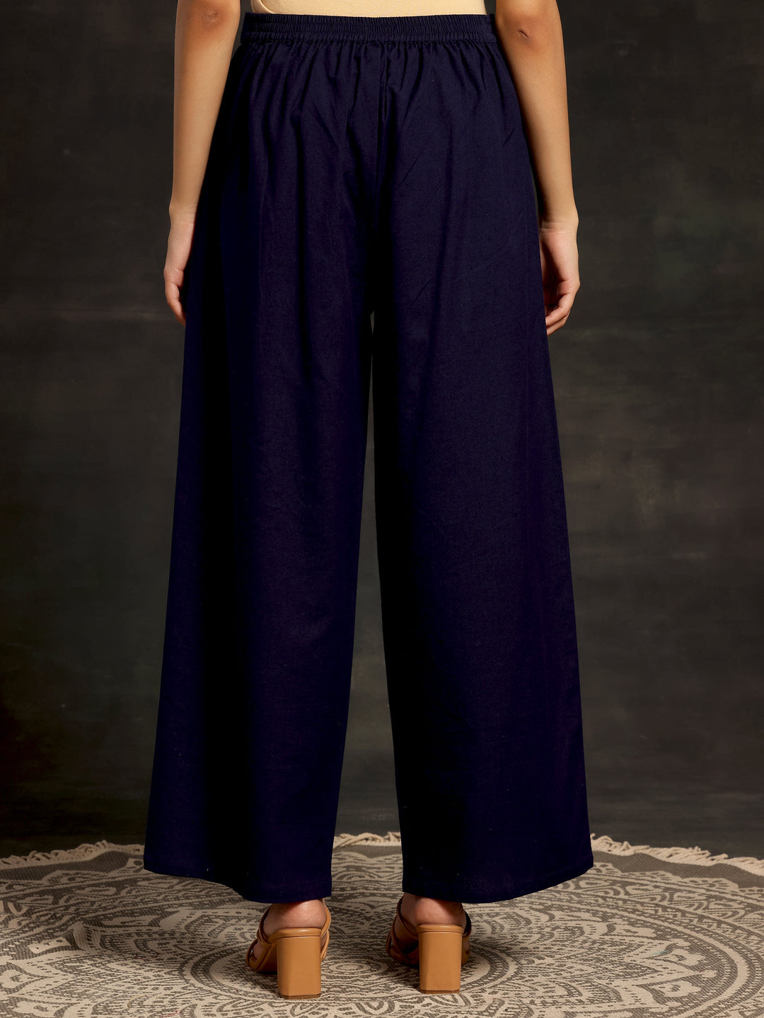 Navy Blue Solid Cotton Palazzos