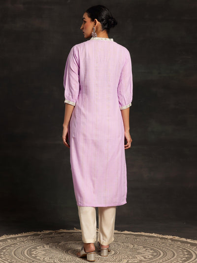 Purple Woven Design Cotton Straight Kurta - ShopLibas