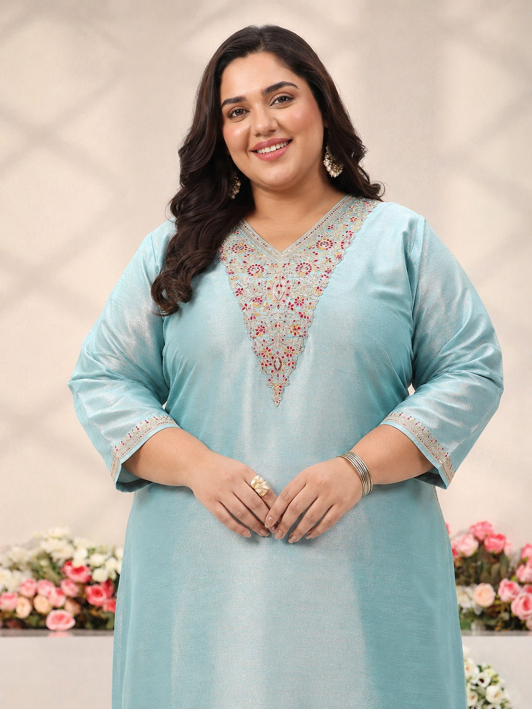 Plus Size Blue Yoke Design Silk Blend Straight Suit Set