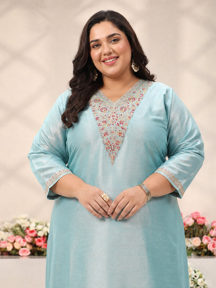 Plus Size Blue Yoke Design Silk Blend Straight Suit Set