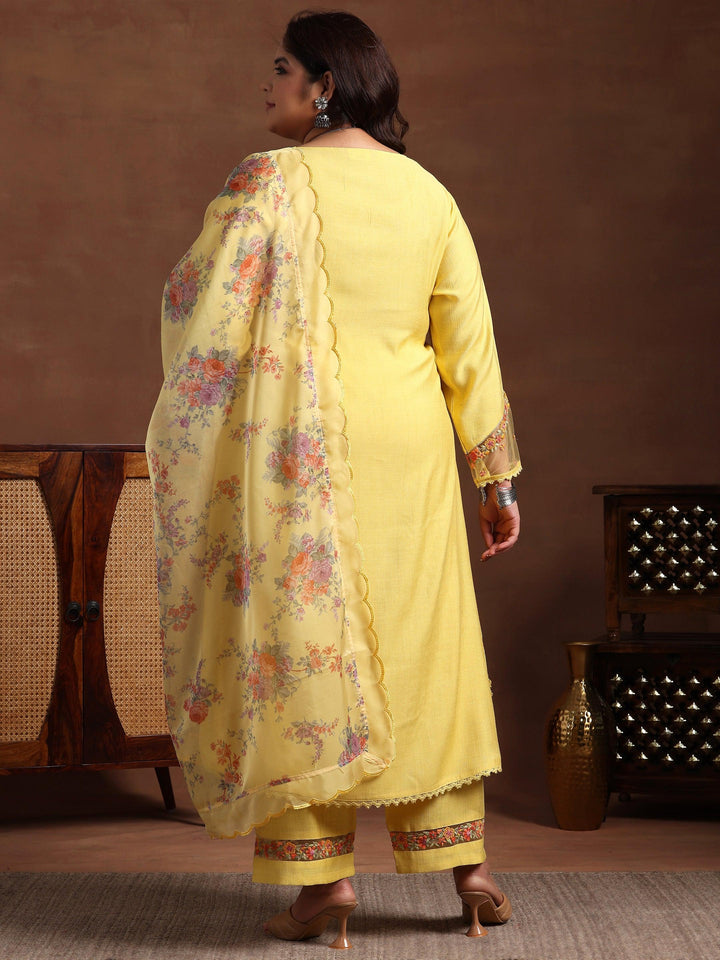 Plus Size Yellow Yoke Design Silk Blend Straight Suit With Dupatta