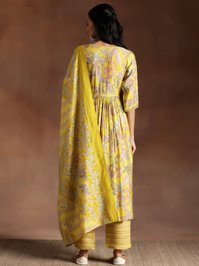 Aashna Mustard Printed Silk Blend A-Line Kurta With Palazzos & Dupatta