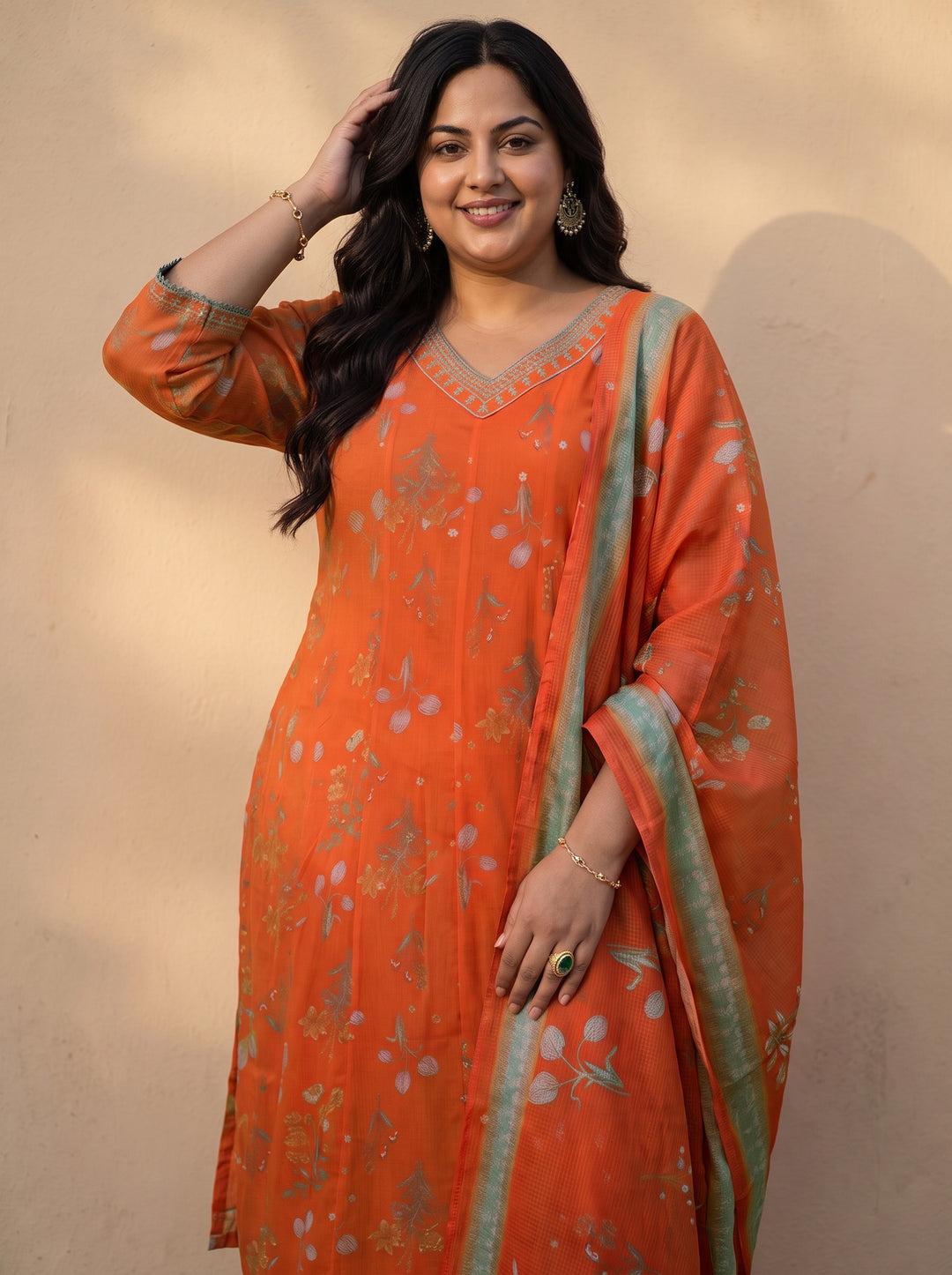 Plus Size Orange Floral Printed Chiffon A-Line Suit Set