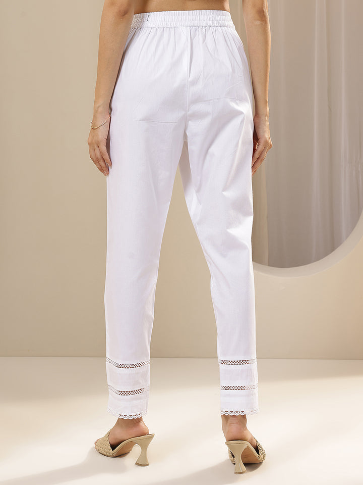 White Solid Cotton Trousers