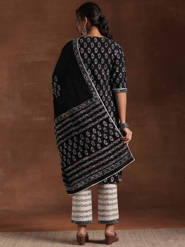 Black Printed Cotton Straight Suit With Dupatta