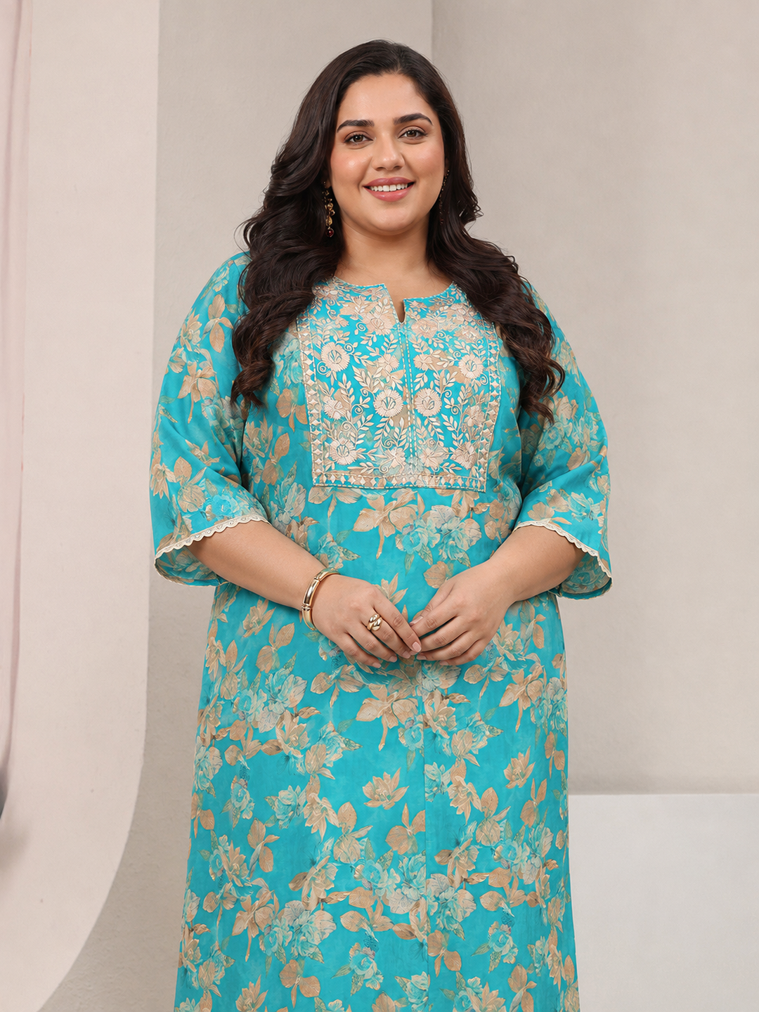 Plus Size Blue Floral Printed Silk Blend Straight Kurta