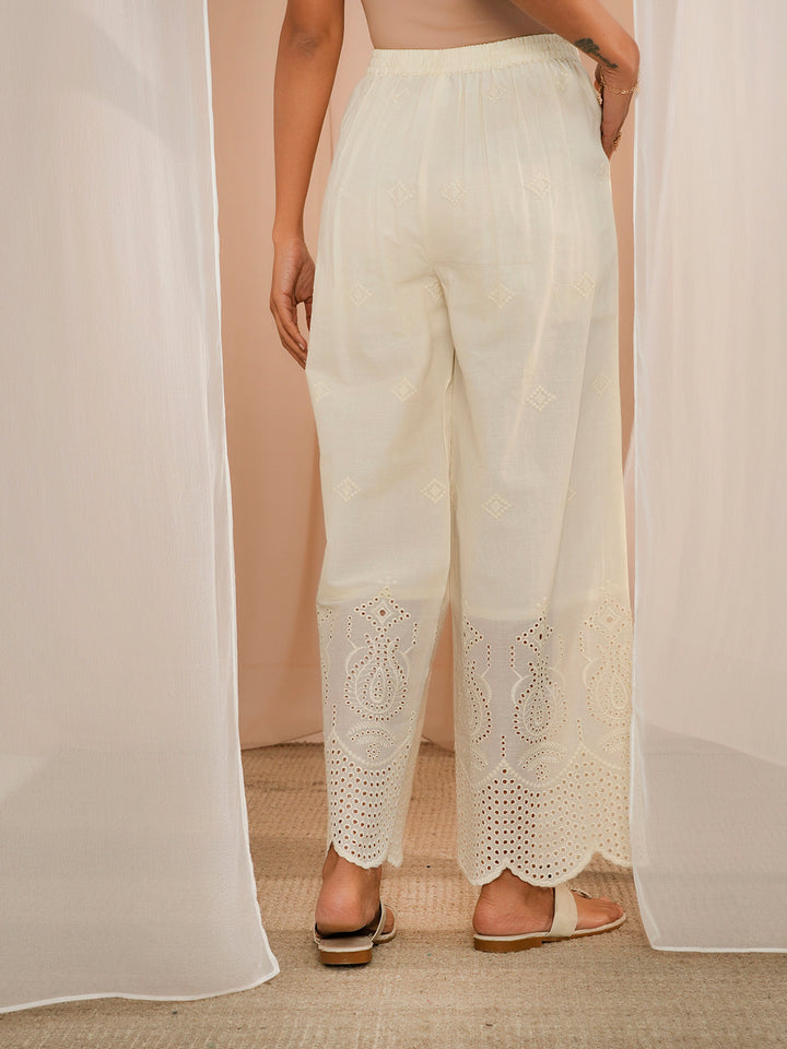 Off White Embroidered Cotton Wide Leg Palazzos