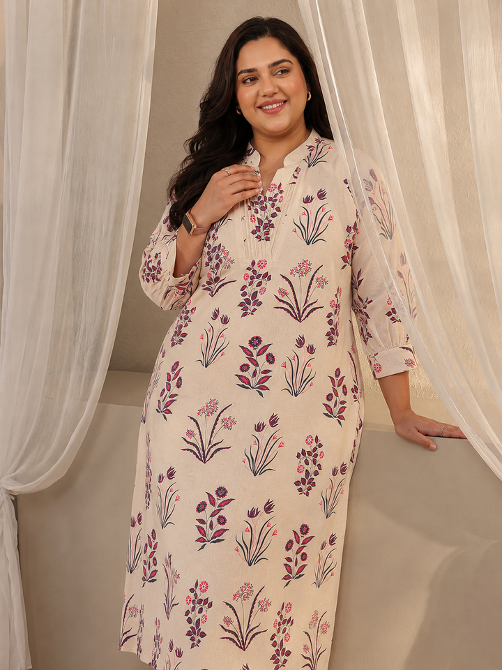 Plus Size Off White Floral Printed Cotton A-Line Kurta